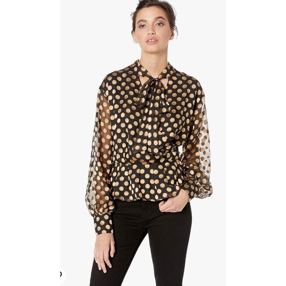 ASTR The Label Tonic Wrap Polka Dot Top Black Gold Size Small